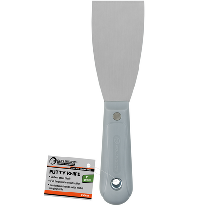 Putty knife with gray handle and blade on a white background