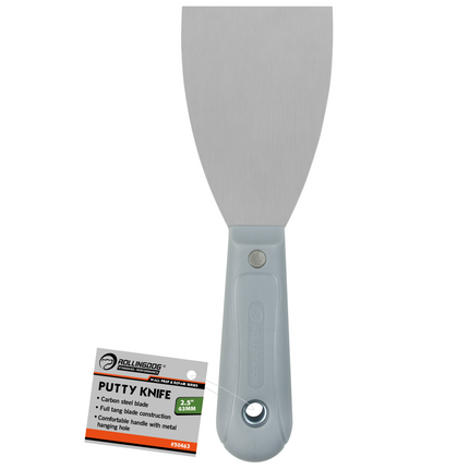 Putty knife with gray handle and blade on a white background