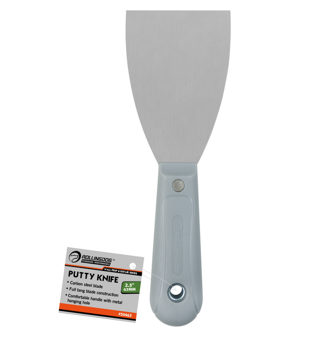 Putty knife with gray handle and blade on a white background
