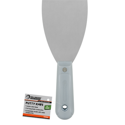 Putty knife with a gray handle and metal blade, featuring a label on a white background.