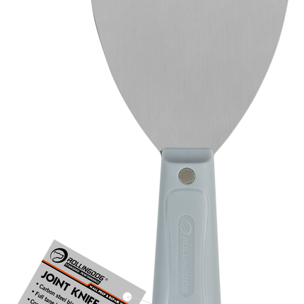 Gray putty knife with a label on a white background