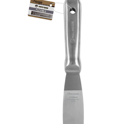 Metal putty knife with a flexible blade on a white background
