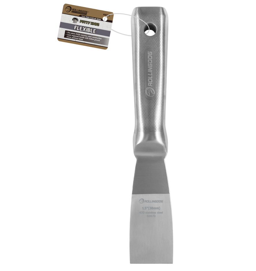 Metal putty knife with a flexible blade on a white background
