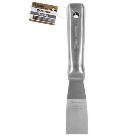 Metal putty knife with a flexible blade on a white background