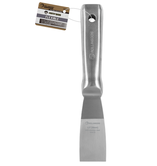 Metal putty knife with a flexible blade on a white background