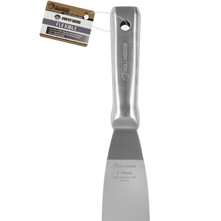Metal putty knife with a flexible blade on a white background