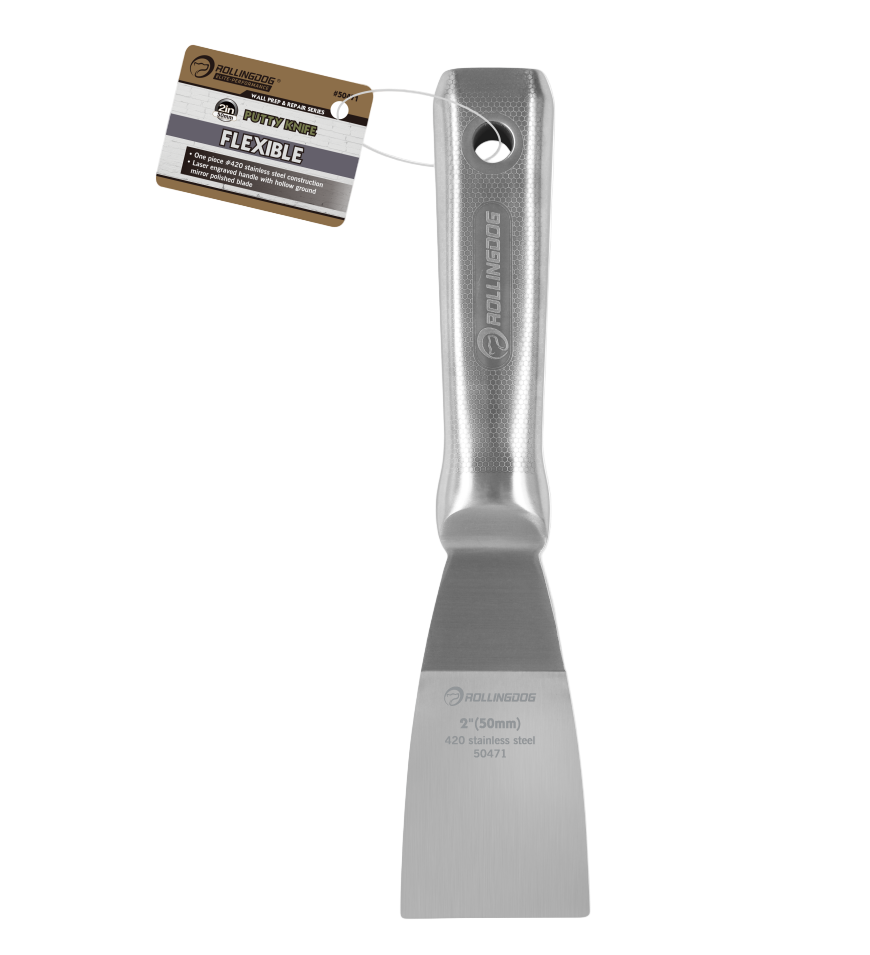 Metal putty knife with a flexible blade on a white background