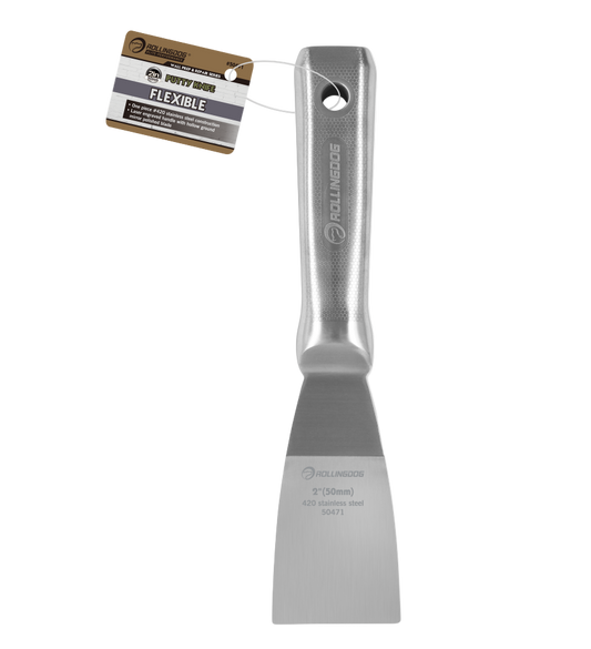 Metal putty knife with a flexible blade on a white background