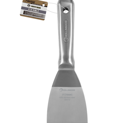 Metal putty knife with a gray handle and 'Rollingdog branding on a white background.
