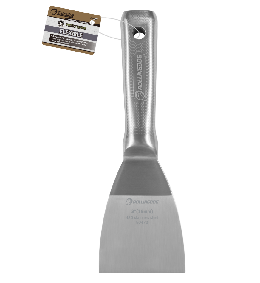 Metal putty knife with a gray handle and 'Rollingdog branding on a white background.