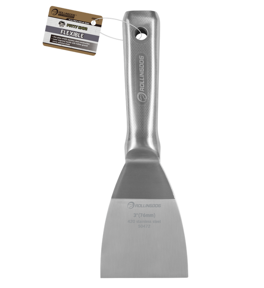 Metal putty knife with a gray handle and 'Rollingdog branding on a white background.