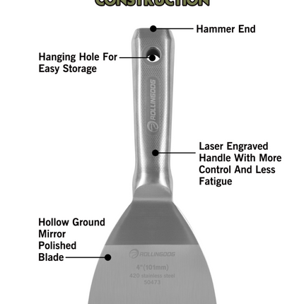 Stainless steel putty knife with labeled features on a white background