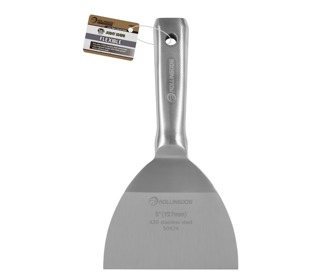 Professional drywall joint knife with mirror-polished stainless steel blade