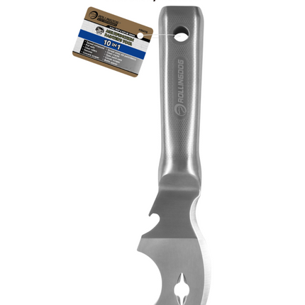 Metal scraper with a label on a white background