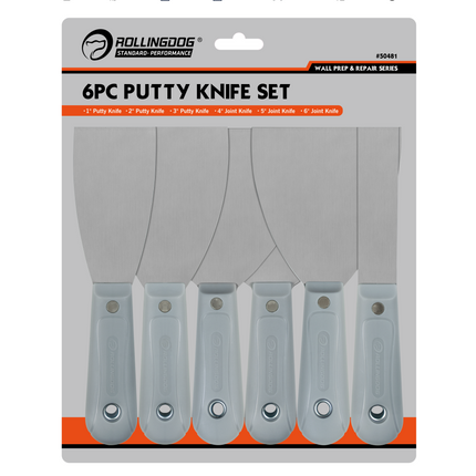 Packaging of a 6-piece putty knife set with RollingDog branding.