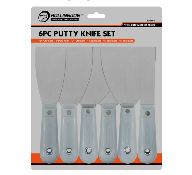 Packaging of a 6-piece putty knife set with RollingDog branding.