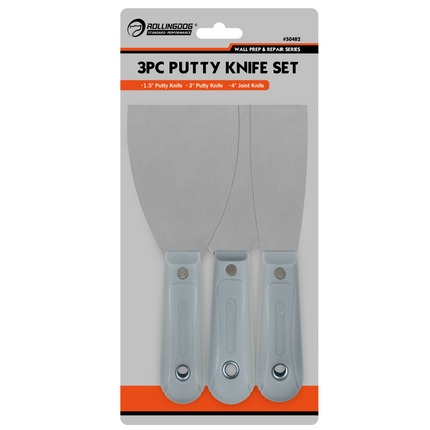 3-piece putty knife set packaging with 'RollingDog' branding on a white background