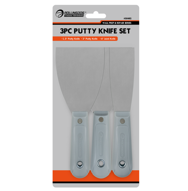 3-piece putty knife set packaging with 'RollingDog' branding on a white background