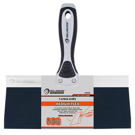 50509 Close-up angled view of carbon steel blued blade taping knife