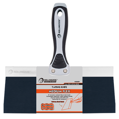 50509 Close-up angled view of carbon steel blued blade taping knife