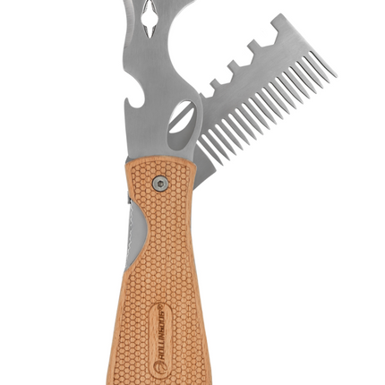 Multitool with knife blade, bottle opener, and comb on a white background