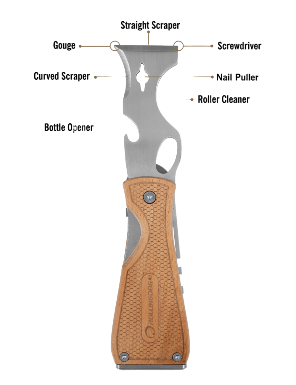 50531-DOBERMAN Multi-Tool showing folding blade, belt clip, and hammer cap for painter’s multi-purpose use