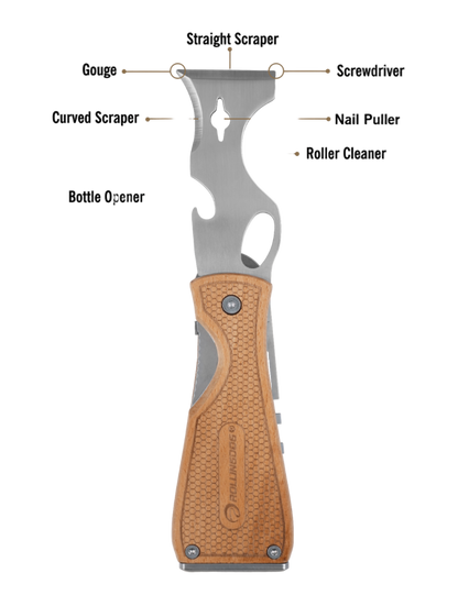 50531-DOBERMAN Multi-Tool showing folding blade, belt clip, and hammer cap for painter’s multi-purpose use