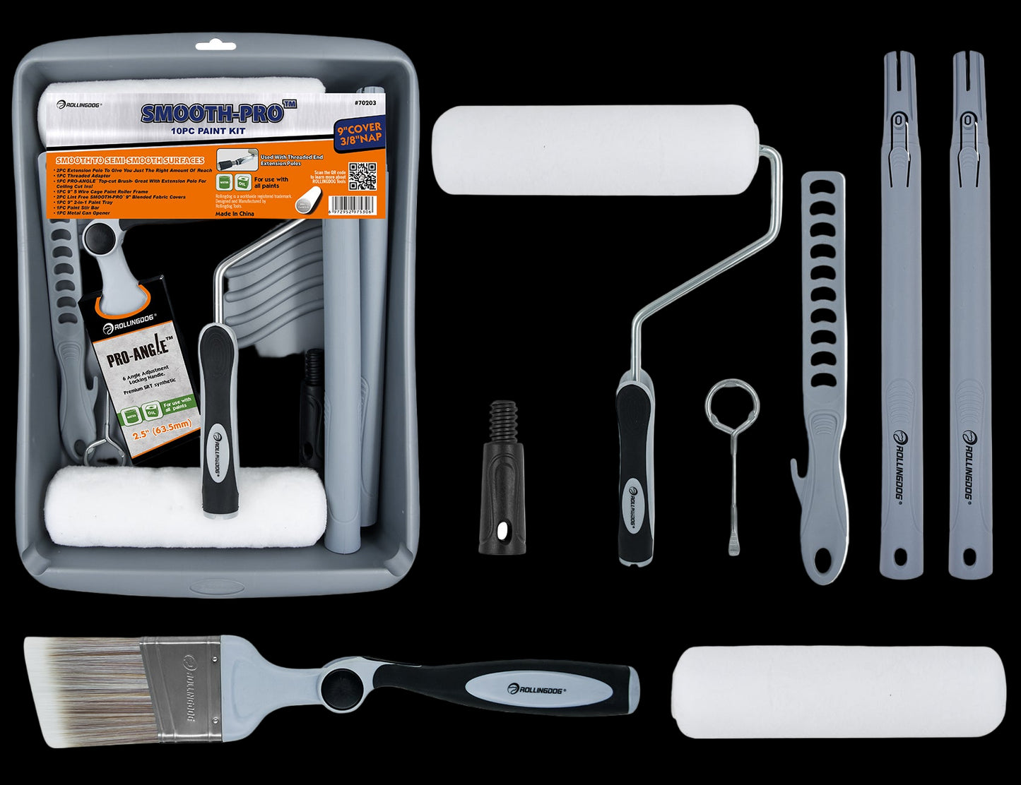 Complete SMOOTH-PRO 10PC painting kit showing roller, brush, tray, and accessories