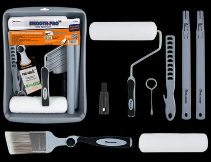 Complete SMOOTH-PRO 10PC painting kit showing roller, brush, tray, and accessories