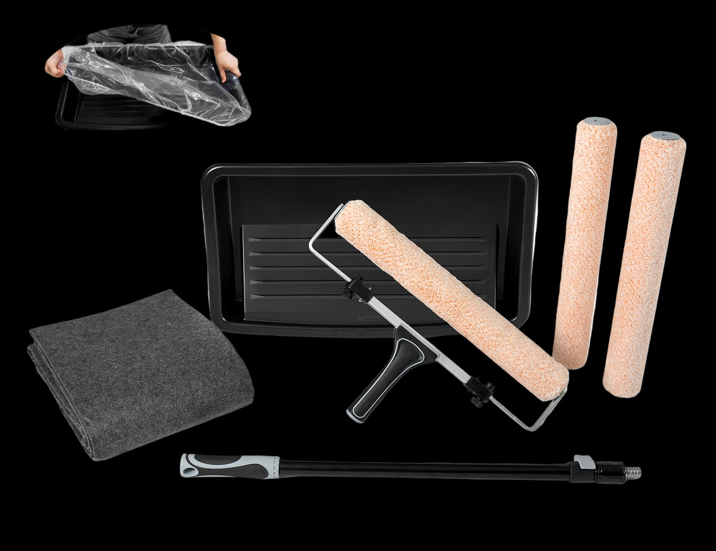 70287-118-inch professional paint roller kit angled view with accessories