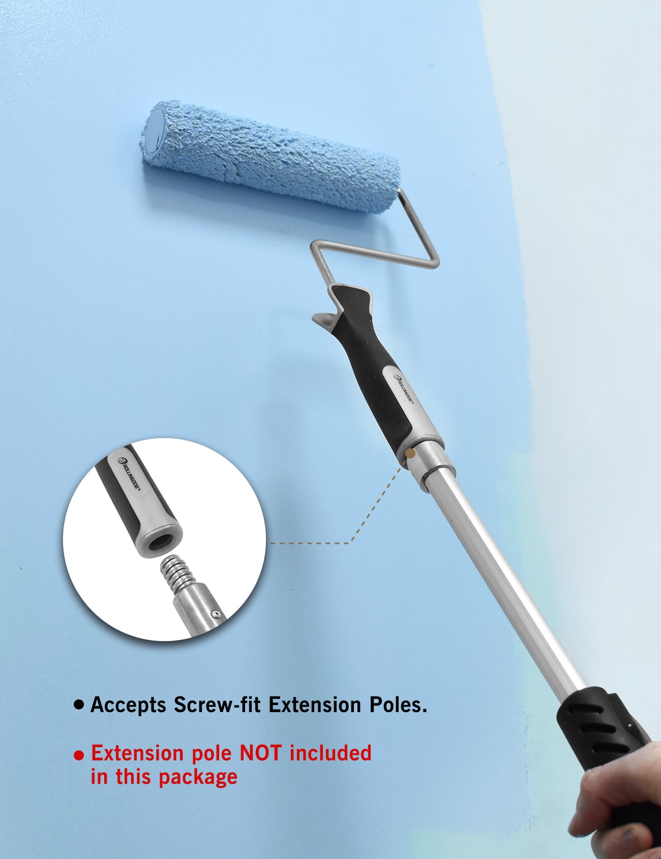 70293-1Angled view of 9 inch paint roller kit with ergonomic handle and accessories