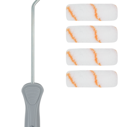 Paint roller set with handle and multiple roller sleeves on a white background