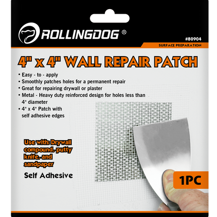 RollingDog wall repair patch packaging with text and a sample patch.