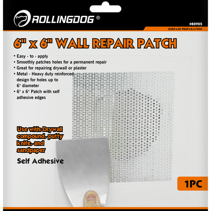 RollingDog wall repair patch packaging with text and a sample patch.
