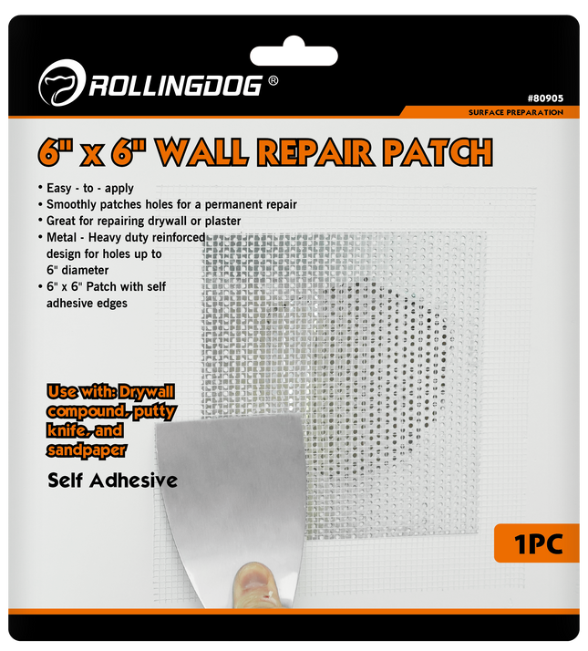RollingDog wall repair patch packaging with text and a sample patch.