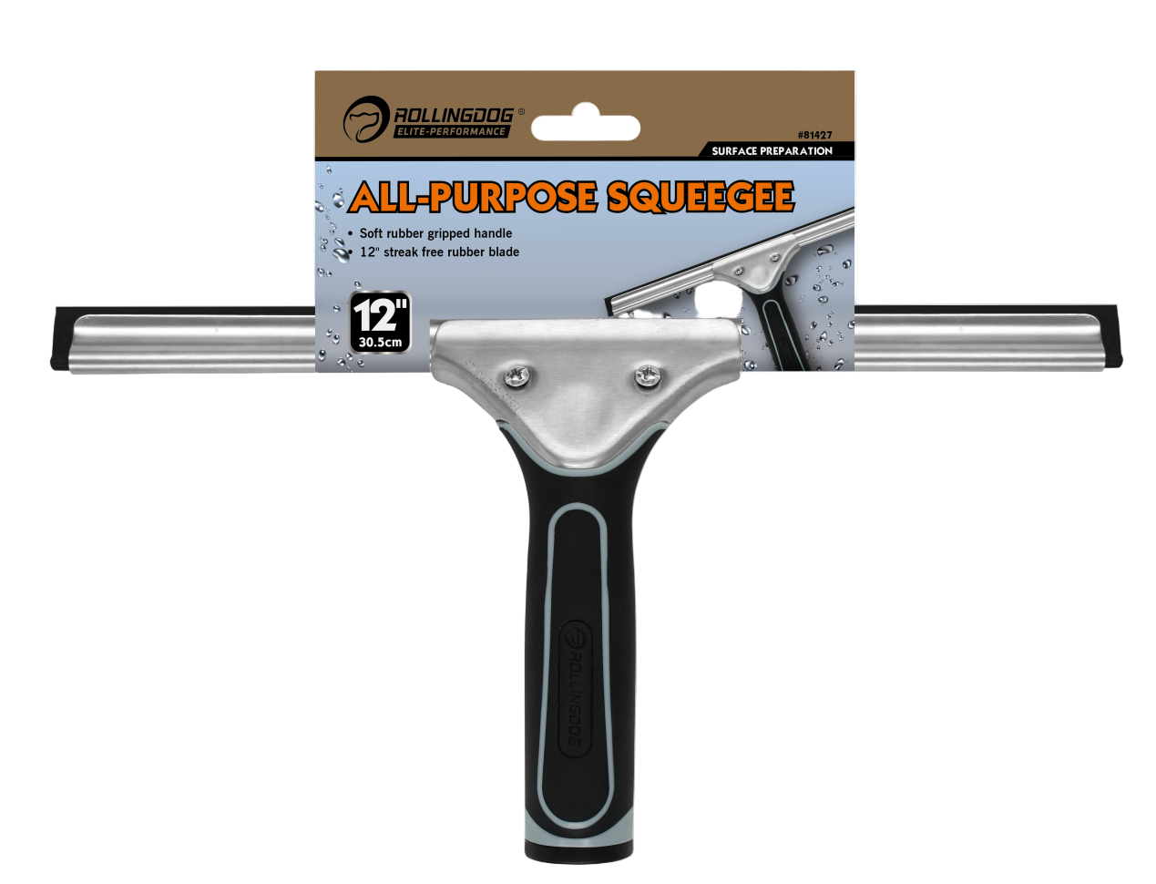 Durable ROLLINGDOG all-purpose squeegee with stainless steel clip