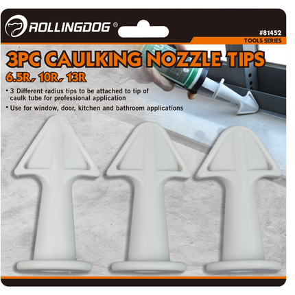 RollingDog 3PC Caulking Nozzle Tips with product display.