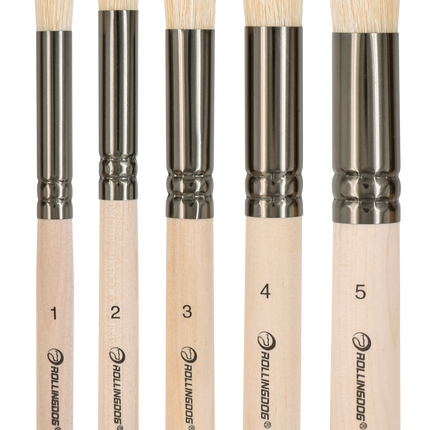 Set of five paint brushes with wooden handles and metal ferrules, labeled 1 to 5.