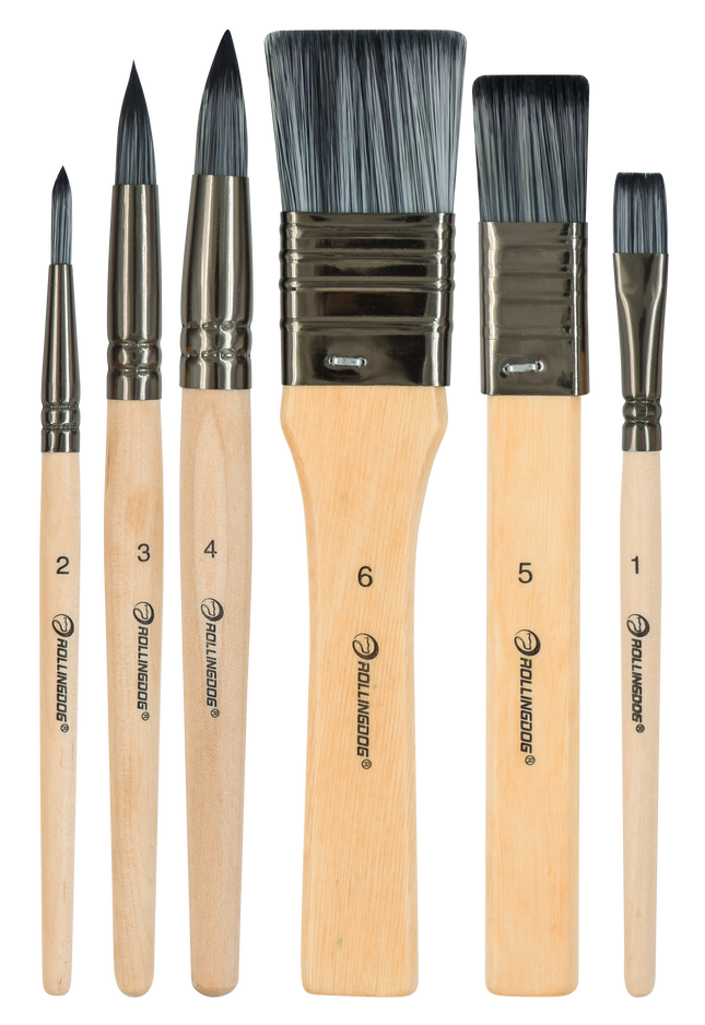 Set of paintbrushes with wooden handles and varying sizes Rollingdog