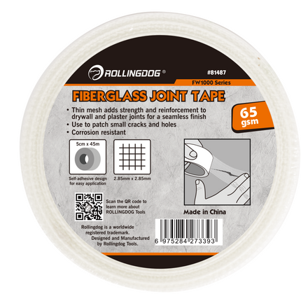 Professional-grade fiberglass mesh joint tape with self-adhesive backing