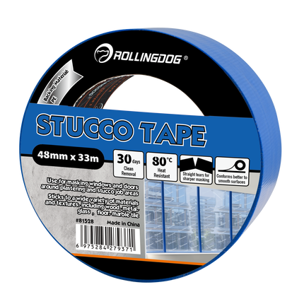RollingDog stucco tape packaging with blue and black design on a white background