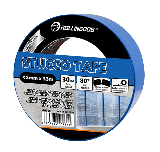 RollingDog stucco tape packaging with blue and black design on a white background