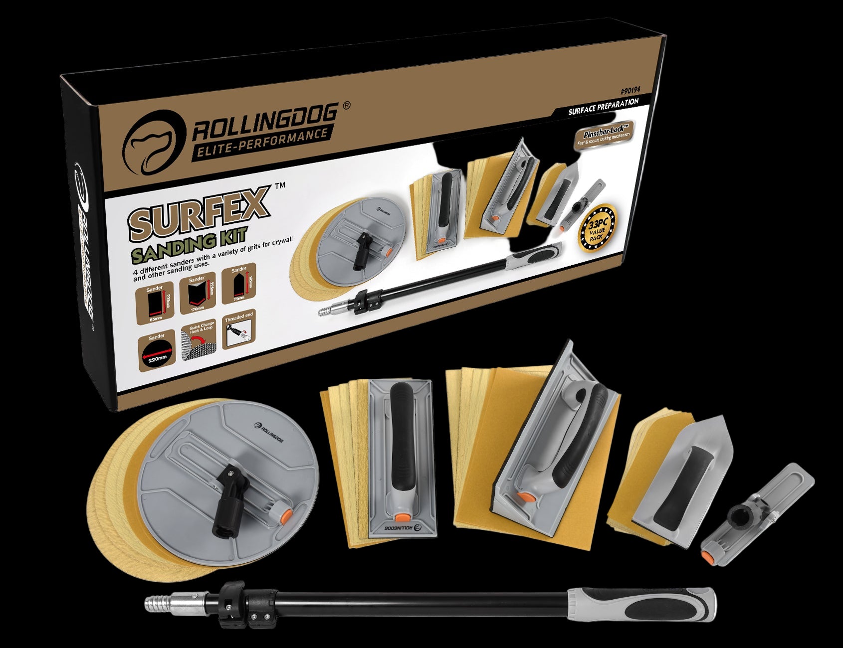 90194-SURFEX 33 piece wall sanding kit with multiple sanders and extension pole