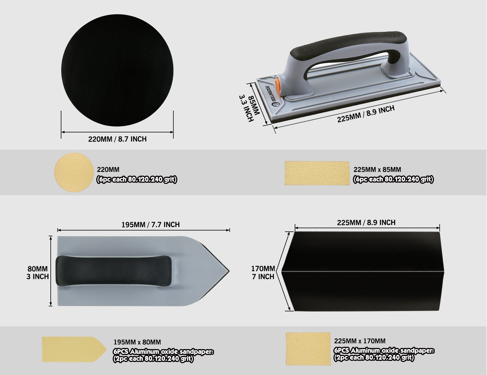 90194-Wall sanding kit showing radial, rectangular, corner, and detail sanders