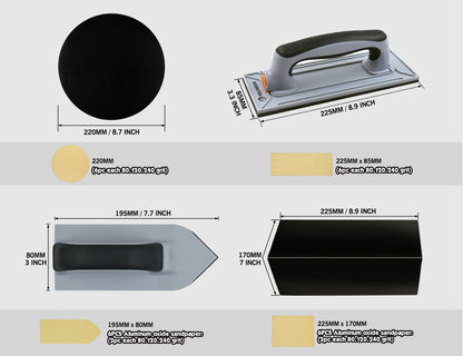 90194-Wall sanding kit showing radial, rectangular, corner, and detail sanders